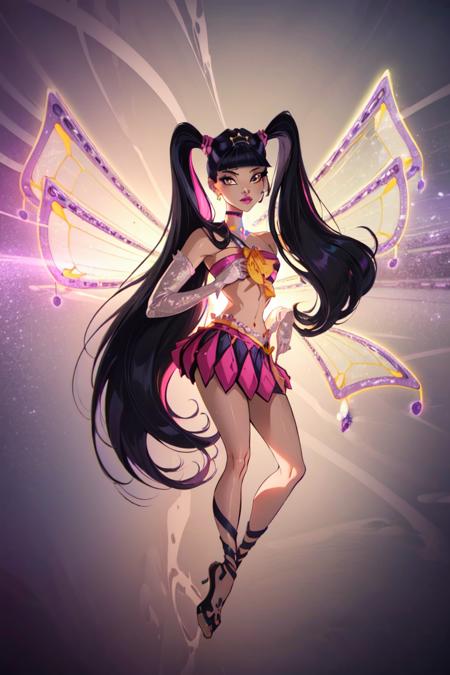 Musa fairy wings, purple hair, purple eyes, bangs, midriff