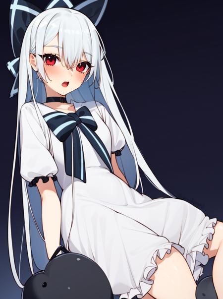 1girl, solo, red eyes, long hair, bow, dress, hair bow, open mouth, white background, blush, short sleeves, looking at viewer, simple background, white dress, hair between eyes, gloves, sitting, frills, <lora:beijuu-AOM3-LoCon:1.0>