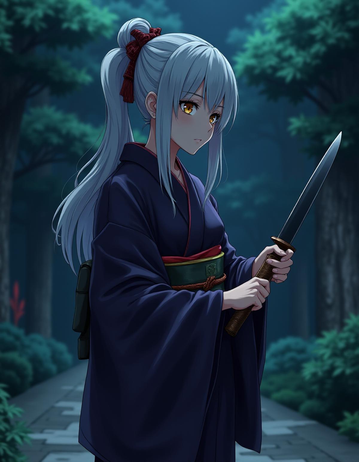 <lora:anime_lora flux_converted:1> anime an old woman in a kimono holding a knife, setting japanese garden nighttime