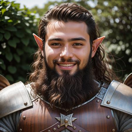 RAW photo, absurdres, high quality, photorealistic, portrait of a young knight elf man, beard, looking at viewer, smile, brown_skin, detailed_skin, (freckles:0.5), photo background, photo realism, ultra-detailed, 50mm, f1. 4, 8k uhd, film grain