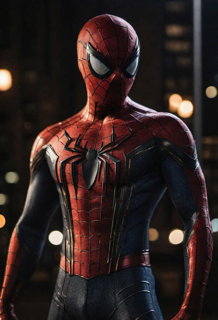 cinematic photo (spiderman), . 35mm photograph, film, full body, bokeh, professional, 4k, highly detailed, realistic, detailed, photo realistic, sharp focus, 8k, Close-up, grim smile, relaxed pose, portrait movie shot, serious, menacing, chiaroscuro style photo, dark background, minimalism, dramatic lighting, professional quality, dull highlights and shadows, natural and  original,