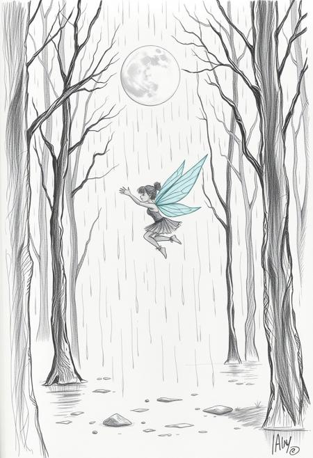 Hand-drawn sketch, overhead view of a fairy mid-leap in a rain-soaked forest under a full moon. Wet scene, reflective surfaces, drizzling rain, rough pencil strokes, textured, white background.