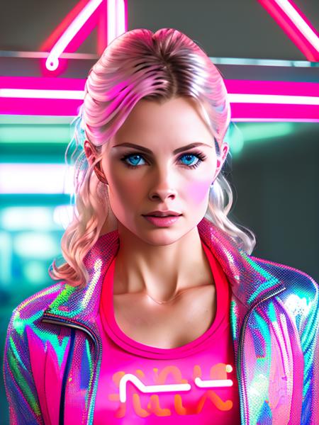 photo of (triciapoe:0.99) (Wearing a neon pink shirt with a silver metallic vest and a holographic jacket:1.4), detailed face, realistic skin, high quality, (darkblue eyes:1.1), Leica 50mm, f1. 4, natural light, grainy, (high detailed skin:1.2), high detail