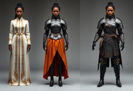 The image represents three variants of women's clothing, presumably uniforms or costumes for a japanese epic fantasy film.
On the left: A formal uniform - a long cream-colored dress with gold embroidery and decorative elements.
In the center: An elite uniform - a combination of armor (cuirass, bracers) with an orange skirt that opens one leg.
On the right: The armor of an Elite warrior is a combination of a vest, shirt, trousers and high boots, complemented by belts, a bag and gloves.
All three clothing options are shown on the same female figure with the same hairstyle. She is african. There is no interaction between objects, no actions take place. Context is the presentation of various costume options, perhaps for a , movie. Photography studio style