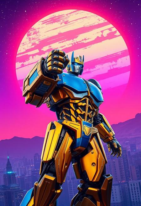 gold and blue transformer heroic pose, photograph with a purple sky, cosmic stars, an orange and blue synthwave sun background. Slightly turned. Damascus steel. Ultra-detailed. Hyper-realistic. Metal city landscape