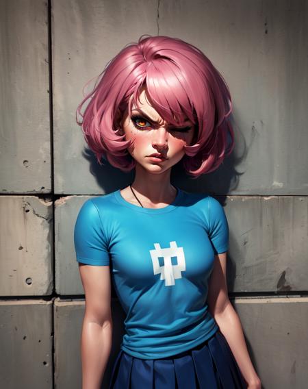 Gaz, short pink hair, blue shirt with a white logo, short skirt, short sleeves,
wall,  schoolyard,  brown eye, 
standing,  one eye closed,  angry,  
(insanely detailed, beautiful detailed face, masterpiece, best quality) 
standing,  upper body,
 <lora:Gaz-10v6:0.9>