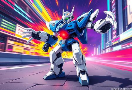 An Ancient Gear Dark Golem robot, strikingly rendered in vibrant blue and white, bursts with energy, standing upright on a stylized gray ground. Its powerful white arms are dramatically extended outwards, and its legs are sharply bent at the knees, embodying an isometric and dynamic action pose of pure readiness for play. A pulsating red light on its chest and another atop its white head with a bold black visor add impactful focal points. The white limbs offer a dynamic contrast to its blue body. The essence is Vivid Emotions and a Joyful Impact, conveying a Powerful Message. Behind it, a stylized, high-energy City Grand Prix explodes with color and motion. The background is a swirl of Harmonious Colors, multi-colored futuristic architecture and speed lines, rendered with a Contemporary Aesthetics and a Beautiful Matte Painting quality. High-res anime concept art, vibrant cel-shaded illustration, Splash Ink Illustration, Grammer Effect Style, Sharp Lines and Brush Strokes, Stunning Colors, Impeccable Composition, Creative Angle, Attractive Background, Balanced Editing, Intentional Focus, Well-timed Moment, High Quality, Super Detailed Face and Eyes and Clothes, Handcrafted with Precision. Dynamic lighting, dramatic motion blurs, crisp outlines, trending on ArtstationHQ, CGSociety, Golden Ratio.
