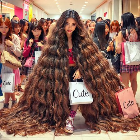 An Instagram photograph of a beautiful, extremely long-haired influencer shopping. Her hair is so voluminous that it nearly envelops her completely and it is spread around the floor at her feet. She has many friends around her, holding bags from various stores, with "Cute" written on one of them. The background features several girls adding to the cheerful atmosphere. This scene captures vibrant colors and lively expressions, showcasing fashion as part of daily life for these characters