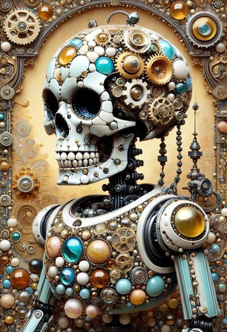 made of marbles, , A whimsical vintage-inspired figurative painting of a robotic character in a mid-century dreamscape. The mechanical skull, large expressive eyes, and ornate gears are softened with painterly textures and a warm nostalgic color palette—muted golds, sepia tones, and soft metallic pastels. The character's exaggerated features and elegant posture echo the elongated silhouettes of 1950s illustration styles, while the mechanical details are stylized into whimsical flourishes. The background fades into a softly brushed, storybook-like vignette. Inspired by Norman Rockwell and Hayao Miyazaki.