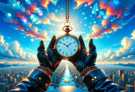 made of cd's
chain, pocket watch, watch, black gloves, gloves, cloud, sky, pov, holding, out of frame, pov hands, 1other, reflection, clock, cloudy sky,
Wide range of colors, Dramatic, Dynamic, Cinematic, 
minimalist flat illustration, Hand drawn flat art illustration, Flat Colour Anime, 
anime artwork, adventure, fantasy, manga-anime, whimsy, serene, surreal, 
aerial shot, aesthetic, dreamy, vibrant, vivid, volumetric lighting, 
textural, artistic, anime style, key-visual, studio anime, beautiful, painterly, 
highly detailed, ultra-detailed, intricate details, absurdres, 
ais-particlez,