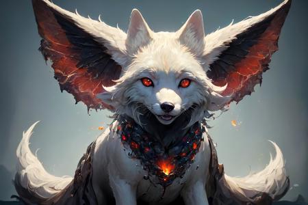 (masterpiece, top quality, best quality, official art, beautiful and aesthetic:1.2), the face of a white fox, glowing green eyes, curly, in a black forest, dark red sky, fireflies, scary, demonic, (no humans:1.9), <lora:StarkJourney:1.0>