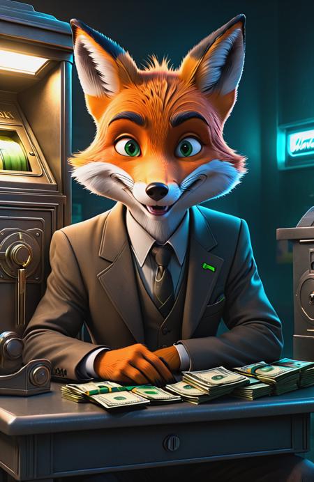 cyberpunk, a mr.Fox sitting near the money safe in bank, disney, dark noir, horror, evil smile, detailed eyes and iris, neon, realistic, (look at cam:1.2), 3d style, comic, bold lines,  <lora:mr.Fox:0.7>