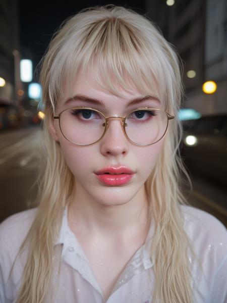 face focused, nighttime photography, neon lights, city streets, movie still, ultra detailed, portrait, BREAK
LiannaL4ws0n, Lianna Lawson, <lora:LiannaL4ws0n-sdxl:1>,  very detailed skin, wet hair, wet skin,  1girl, solo, portrait, makeup, lips, long hair, blonde hair, glasses, vintage aesthetic, shirt, solo, looking at viewer, bokeh, focus, film, velvia, film grain, best quality, photograph, focus, earring, hong kong streets