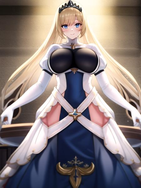 (hyper extreme detailed), (masterpeace), (hyper extreme), (photorealistic), CG, llustration, novel illustration, game cg,(large filesize:0),(doujin cover:1),(decensored:0),(nomal anatomy:1), (perfect anatomy:0), (good anatomy:1.0), (perfect body:0), (reproduced face:1),solo,1girl,indoors,(pregnant:0),(pussy:0),(cum in pussy:0),(impregnation:0),(ahegao smile:0),(spread legs:0),(completely nude:0),(nude:0), standing,arm up,  Painleve,blonde hair,tiara,white elbow gloves,long skirt,black shirt,blue apron,white Mermaid dress,puffy sleeves,  <lora:Painleve_v1:0.99>