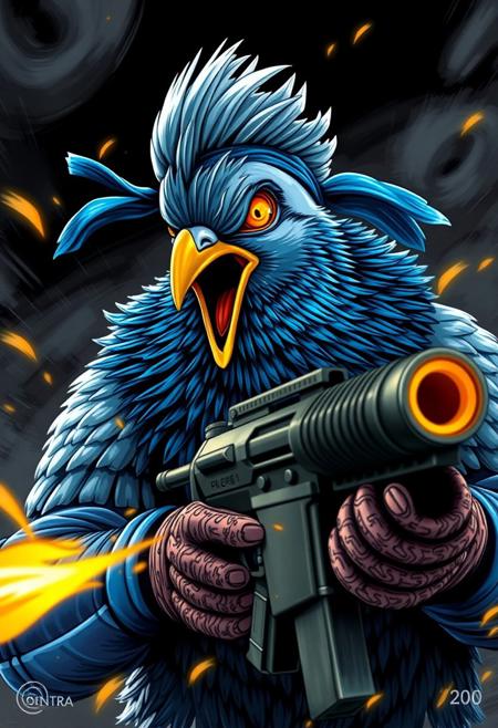 A hyper-stylistic, extremely detailed image depicts a pigeon in the style of a Contra warrior, clad in the iconic blue headband and outfit. The pigeon's feathers are ruffled, and its eyes blaze with a fierce, warlike intensity. It grasps a heavy machine gun, its yellow barrel flash illuminating the surrounding air as it fires wildly. The pigeon's facial expression is a fierce, battle-hardened scream, conveying a sense of unyielding determination and a 1 vs 1000 mentality. Every detail of the image is meticulously crafted, from the intricate, textured patterns of the pigeon's feathers to the metallic sheen of the machine gun. The overall effect is one of intense, action-packed energy, as if the viewer has stumbled upon a heroic, avian warrior in the midst of a desperate battle. highest-Quality, intricate details, visually stunning, Masterpiece