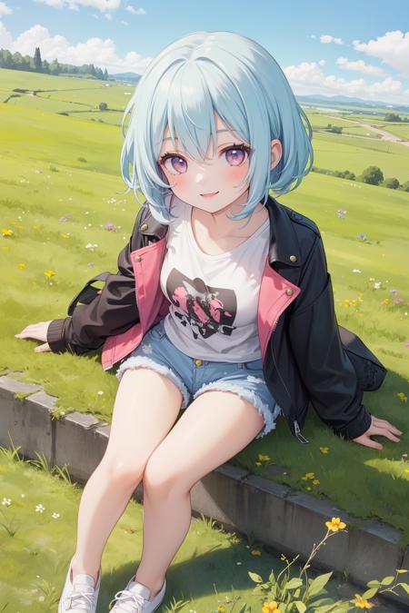 1girl,masterpiece, best quality,happy,blue sky,meadow,facing viewer, looking at viewer,sitting on grass,white shoes,t-shirt,denim shorts,jacket,smile,blue pastel hair,pink eyes,from above