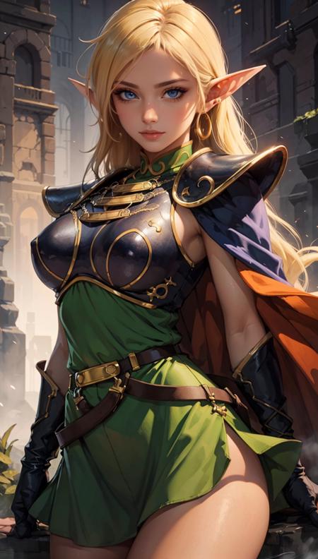 <lora:ANI_CLASSIC_deedlit_ownwaifu-15:0.8> (best quality, masterpiece, colorful, dynamic angle, highest detailed)
ANI_CLASSIC_deedlit_ownwaifu, www.ownwaifu.com,
pointy ears, blonde hair, long hair, elf, circlet, green eyes, long pointy ears, very long hair, breasts, medium breasts, earrings, lips, makeup, bangs,
cape, armor, blue cape, shoulder armor, pauldrons, gloves, breastplate, belt, green dress, short dress,
(high resolution textures), (intricate details, hyperdetailed:1.15), detailed, (official art, extreme detailed, highest detailed),