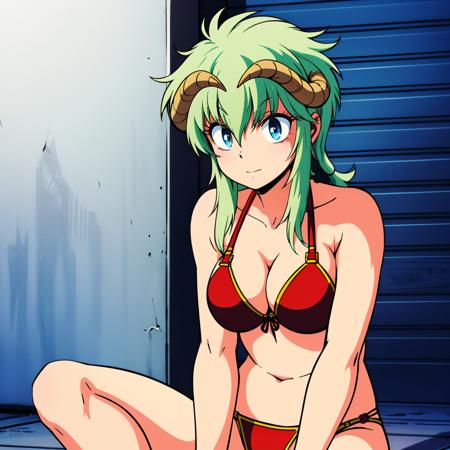 Calm,1girl,green hair,longhair,blue eyes,horns, bikini_armor, armband, leg band, boots, cape,