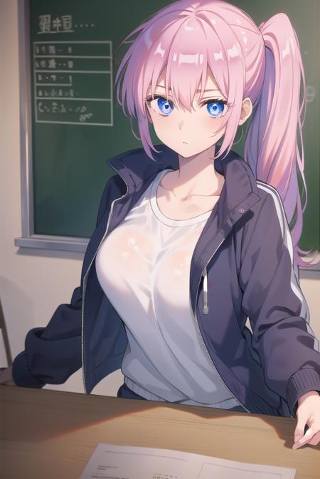 miyakoshikimori, <lora:miyakoshikimori-lora-nochekaiser:1>,
miyako shikimori, long hair, blue eyes, hair between eyes, pink hair,
BREAK long sleeves, jacket, white shirt, side ponytail, blue jacket, track jacket, track suit,
BREAK looking at viewer,
BREAK indoors, classroom,
BREAK <lyco:GoodHands-beta2:1>, (masterpiece:1.2), best quality, high resolution, unity 8k wallpaper, (illustration:0.8), (beautiful detailed eyes:1.6), extremely detailed face, perfect lighting, extremely detailed CG, (perfect hands, perfect anatomy),