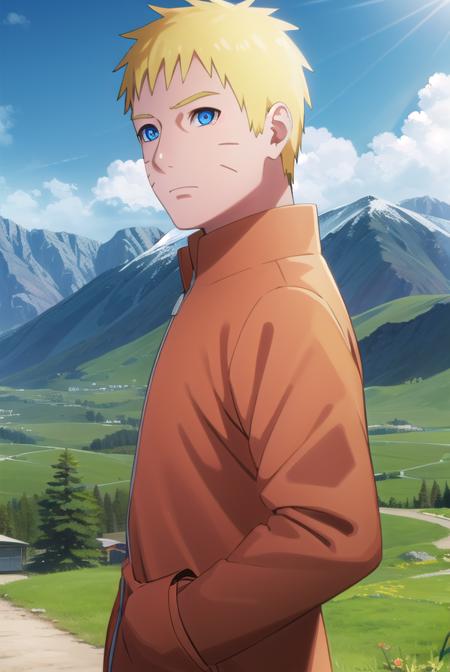 narutouzumaki, <lora:naruto uzumaki-lora-nochekaiser:1>,
naruto uzumaki, uzumaki naruto, blue eyes, blonde hair, male focus, facial mark, whisker markings, short hair,
BREAK long sleeves, jacket, orange jacket, pants, black pants,
BREAK outdoors, nature, forest, grass, sky, sun, clouds,
BREAK looking at viewer,
BREAK <lyco:GoodHands-beta2:1>, (masterpiece:1.2), best quality, high resolution, unity 8k wallpaper, (illustration:0.8), (beautiful detailed eyes:1.6), extremely detailed face, perfect lighting, extremely detailed CG, (perfect hands, perfect anatomy),