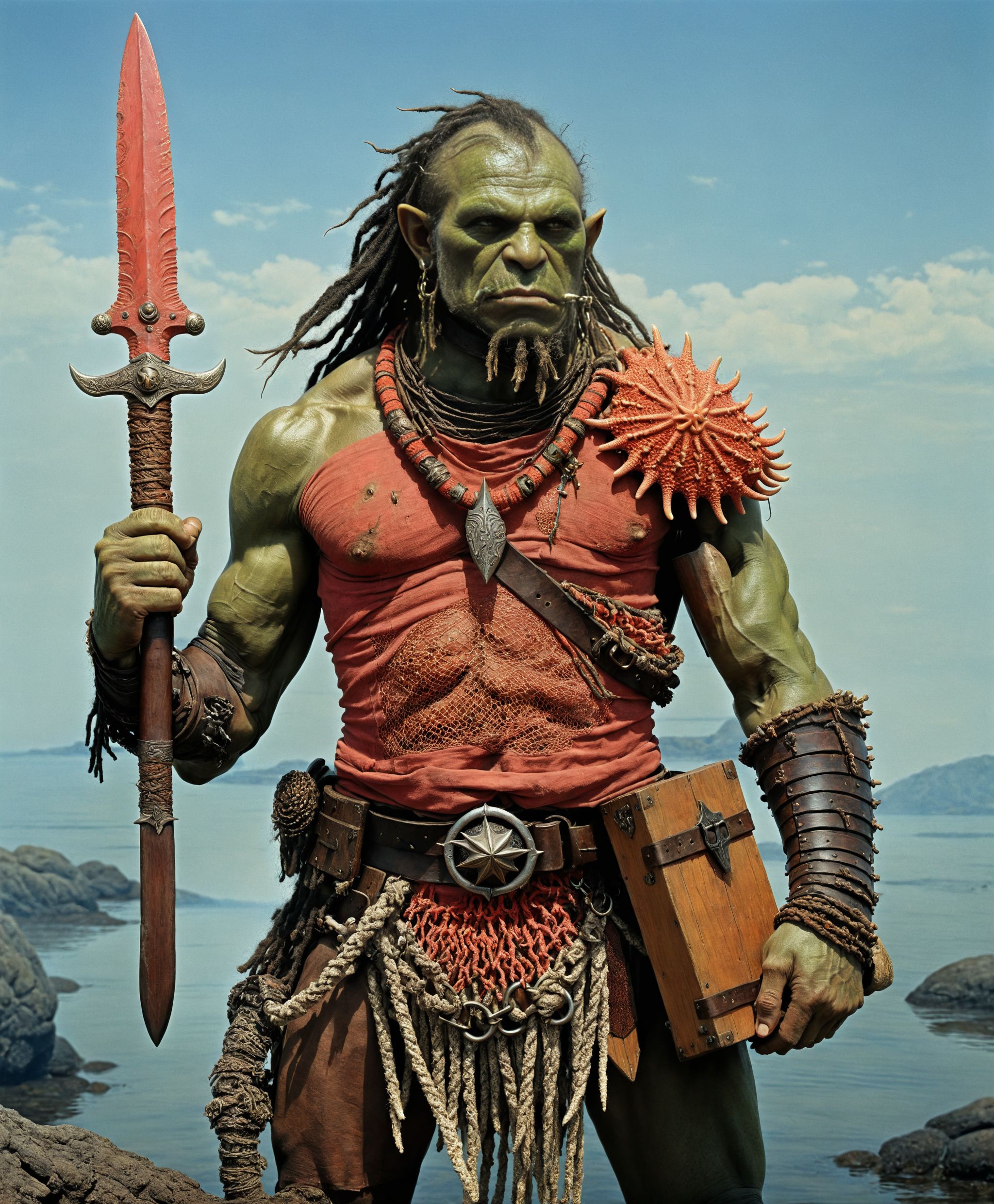 a orc warrior, dreadlocks,  arm up, holding a large coral dagger, wooden chest armor, starfish belt buckle, fishing net cowl, art by Zdzislaw Beksinski and Moebius,  60's colors, bleak<lora:xl_more_art-full_v1:0.5>