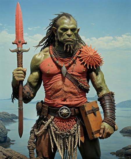 a orc warrior, dreadlocks,  arm up, holding a large coral dagger, wooden chest armor, starfish belt buckle, fishing net cowl, art by Zdzislaw Beksinski and Moebius,  60's colors, bleak<lora:xl_more_art-full_v1:0.5>