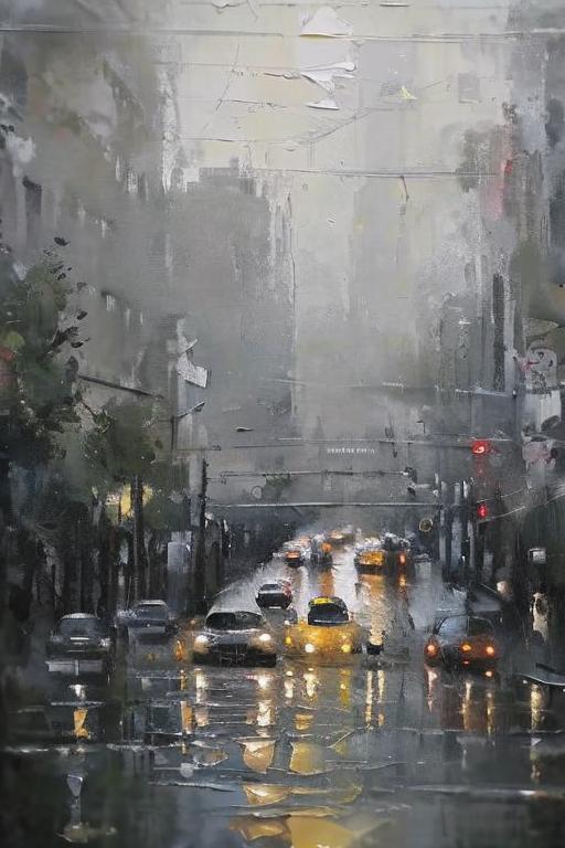 A busy city street in the rain with cars and traffic lights.
