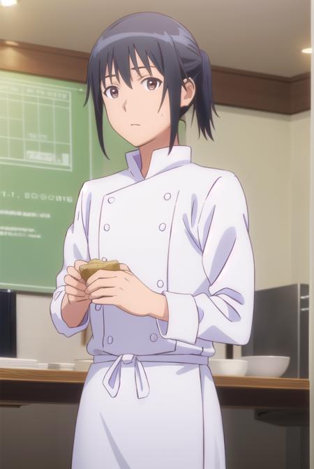 masahiro adachi, black hair, (brown eyes:1.3), ponytail, male focus, apron, chef,
