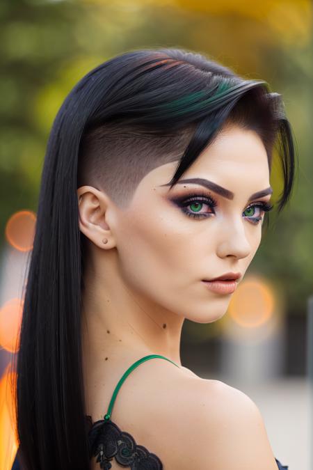 photo of a woman, (undercut:1.3), long black hair, detailed green eyes, orange makeup, blurry background, bokeh, outdoors, night, dslr, d850 <lora:undercut_sd15_640x8:0.5>