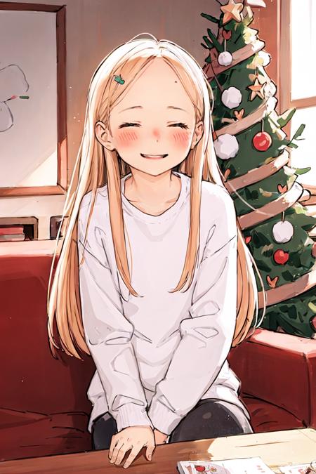 girl,blush,at home,closed eyes,smile,christmass tree,long hair,blond hair,luimi,<lora:luimi:0.8>