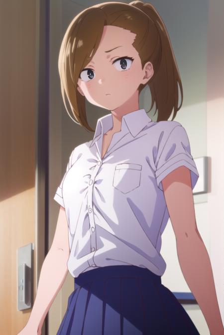 serinayoshida, <lora:serina yoshida s1-lora-nochekaiser:1>,
serina yoshida, brown hair, ponytail, (black eyes:1.5),
BREAK skirt, shirt, school uniform, white shirt, short sleeves, pleated skirt, collared shirt, blue skirt,
BREAK indoors, classroom,
BREAK looking at viewer, (cowboy shot:1.5),
BREAK <lyco:GoodHands-beta2:1>, (masterpiece:1.2), best quality, high resolution, unity 8k wallpaper, (illustration:0.8), (beautiful detailed eyes:1.6), extremely detailed face, perfect lighting, extremely detailed CG, (perfect hands, perfect anatomy),