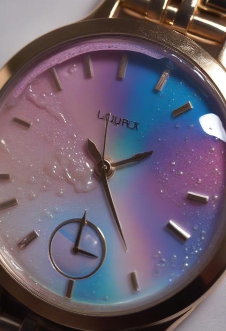 lazypos,aesthetic,extremely aesthetic,masterpiece,flowing,pool of liquid,overflowing,made of l1qu1dp34rl,metal,pearl,liquid pearl,pearlescent,pastel colors,rainbow,watch,no human,pocket watch,watch face,clock face,close up,macro photography,macro photo,liquid,filled,filled with liquid,liquid pouring from watch,oozing,<lora:liquidpearlXL_r1:1>,