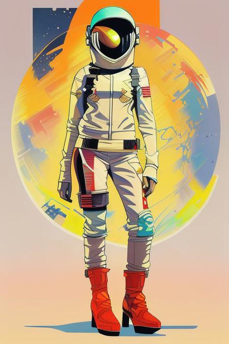 art style by frank miller, astronaut, background, colorful, colorful abstract planetary background, day, fullbody, helmet, high-heeled, legs, lips, multiple girls, pants, raw, science fiction, shoes, solo, standing, stylize, ultrafine details, without