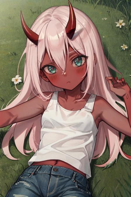 <lora:ZeroTwoOni2_0:0.9> Zero Two, 1girl, masterpiece, best quality, long hair, (red skin), red horns, pink hair, green eyes, colored sclera, white tank top, denim pants, park, grass, lying on ground, looking at viewer, expressionless, blushing,