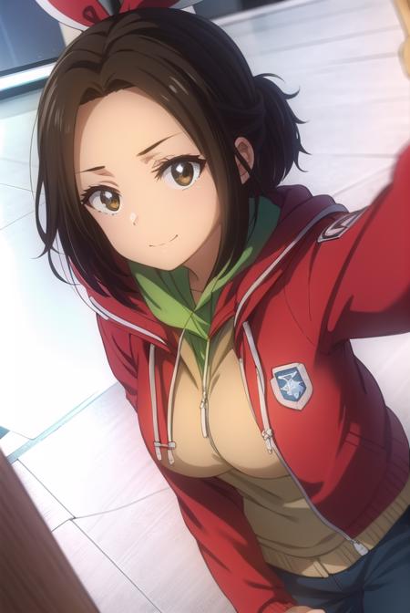 hikarihazakura, <lora:hikari hazakura s1-lora-nochekaiser:1>,
hikari hazakura, black hair, (brown eyes:1.3), hair ribbon, dark skin, dark-skinned female, smile,
BREAK jacket, pants, hood, hoodie, (red jacket:1.3),
BREAK indoors, classroom,
BREAK looking at viewer, (cowboy shot:1.5),
BREAK <lyco:GoodHands-beta2:1>, (masterpiece:1.2), best quality, high resolution, unity 8k wallpaper, (illustration:0.8), (beautiful detailed eyes:1.6), extremely detailed face, perfect lighting, extremely detailed CG, (perfect hands, perfect anatomy),