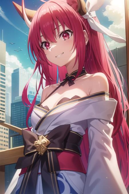 kotoriitsuka, <lora:kotori itsuka s2-lora-nochekaiser:1>,
kotori itsuka astral dress, long hair, (red eyes:1.3), ribbon, cleavage, bare shoulders, red hair, japanese clothes, horns, choker, kimono, fire, (small breasts:1.2), smile, grin,
BREAK ,
BREAK outdoors, city, sky, clouds, buildings, sun,
BREAK looking at viewer, (cowboy shot:1.5),
BREAK <lyco:GoodHands-beta2:1>, (masterpiece:1.2), best quality, high resolution, unity 8k wallpaper, (illustration:0.8), (beautiful detailed eyes:1.6), extremely detailed face, perfect lighting, extremely detailed CG, (perfect hands, perfect anatomy),