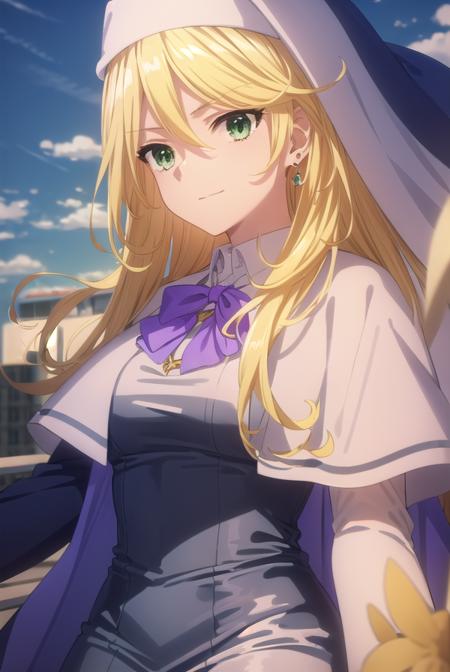 sharonholygrail, <lora:sharon holygrail s1-lora-nochekaiser:1>,
sharon holygrail, long hair, blonde hair, hair between eyes, (green eyes:1.3), smirk
BREAK bow, jewelry, earrings, bowtie, necklace, purple bow, nun, habit, purple bowtie,
BREAK outdoors, city, sky, sun, clouds, crowd, people, 
BREAK looking at viewer, (cowboy shot:1.5),
BREAK <lyco:GoodHands-beta2:1>, (masterpiece:1.2), best quality, high resolution, unity 8k wallpaper, (illustration:0.8), (beautiful detailed eyes:1.6), extremely detailed face, perfect lighting, extremely detailed CG, (perfect hands, perfect anatomy),