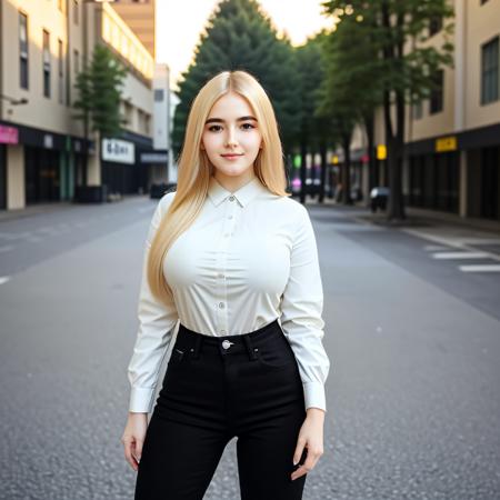 a photo of (Elena-v1-150:1.25), posing, standing, long blond  hair, wearing a shirt and black jeans,street background, detailed, high-resolution,<lora:Hand v3 SD1.5:0.9> Hand, Perfect hand, Detailed hand, (evening:1.1), sun dawn, 1girl