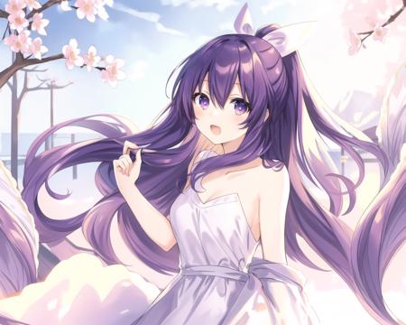 masterpiece, best quality,1 girl, solo,dynamic pose, (hair_between_eyes,floating_hair,hair_ribbon, high_ponytail, long_hair,purple_eyes, purple_hair, ahoge, shiny_hair) ,casual clothes,white dress,open mouth,
<lora:tohka:0.8>
glare,(🌸), clear sky,(✨),cherry blossoms,