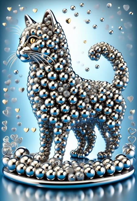 (made from hearts shaped Balls of Chrome Steel, cute tiny hearts shaped Balls of Chrome Steel,:2) score_9, score_8_up, score_7_up, masterpiece-level, highly detailed, fantasy-themed, cute animal focus, really cute animal, cute focus, intricate details, vibrant and hilariously relaxed aesthetics, environmental focus, background focus, A dynamicoil painting of a cat Surfer, with metallic shimmering fur, riding barefoot his majestic board through a cosmic wave made from hearts shaped Balls of Chrome Steel background. Include a golden sun and a glowing stars made from hearts shaped Balls of Chrome Steel. Use strong light and shadow contrasts and hatching to emphasize the movement and drama of the scene. The cat Surfer should be placed centrally in the composition, with bold lines and intense colorfull tones to highlight his powerful pose and the expansive scenery. wave made from hearts shaped Balls of Chrome Steel