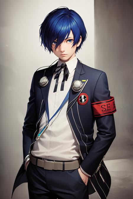 yuki makoto hair over one eye headphones school uniform jacket ribbon armband digital media player