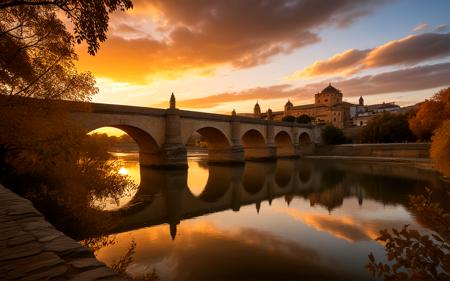 ,A dramatic autumn sunset at the Roman Bridge in Córdoba, with golden leaves framing the ancient stone structure, warm light reflecting off the water, and the stunning silhouette of the Mezquita in the background, evoking a sense of history and beauty,, sweeping landscapes, unique perspectives, epic scale, revealing hidden beauty, showcasing vastness, immersive experience, precise compositions, expert piloting, dynamic angles, cinematic storytelling, showcasing natural wonders, aerial exploration