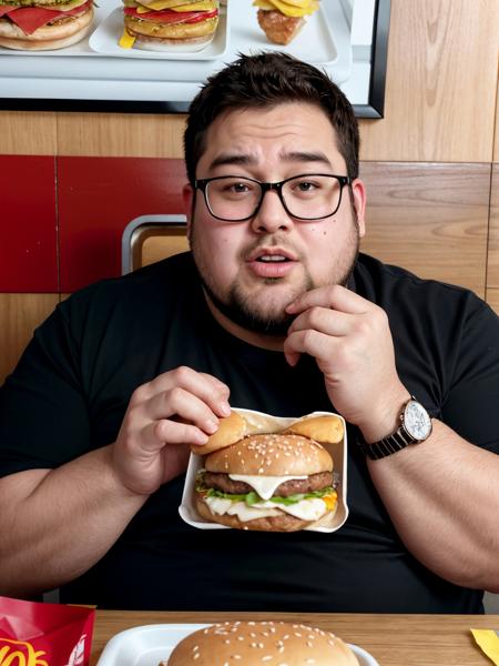 highly detailed photo, realistic, absurdres, highly detailed skin, photorealistic, highres, a fat american reddit user man is sitting at a table at mcdonalds and a massive and greasy hamburger on a food tray, sweat stained t-shirt, neckbeard, sweat, ketchup on t-shirt, heavy breathing, glasses,