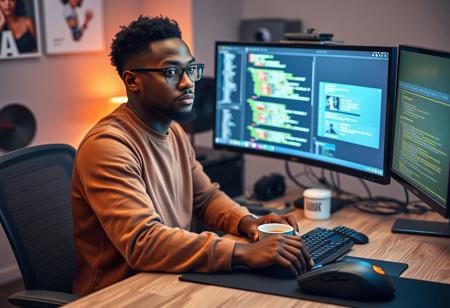 A picture of a light-skinned African Tech guy sitting in front of a desk with large computer monitor sectioned into 4 places with programming on the screen and a cup of coffee on the table, with a beautiful computer mouse and a mechanical keyboard, hyper-realistic 4K