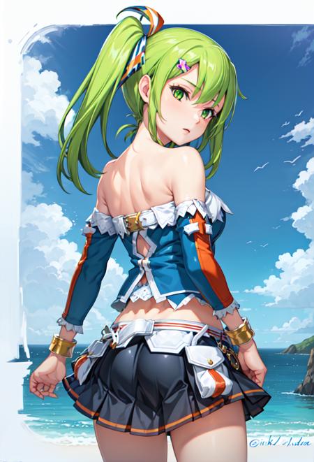 kitami erika green eyes, green hair, long hair, one side up, side ponytail hair ornament, 4th style, skirt, midriff, detached sleeves, belt star hair ornament, lincle, bare shoulders, gloves, shorts, elbow gloves, fingerless gloves, thighhighs 