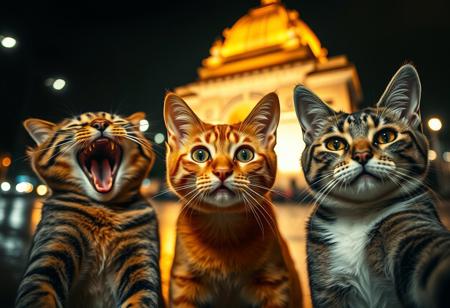 detailxl Photograph Taken on Nikon D750, Alphonse Mucha, 8K, athletic figure, Hyperdetailed, hyperrealism, Attractive,
A dimly lit, rainy street at night, with soft streetlights A captivating close-up selfie of three domestic felines, taken at night with a prominent, warmly lit, iconic architectural structure in the soft-focus background. The cat on the left is a tabby, captured mid-laugh or enthusiastic meow, with its mouth wide open, conveying pure joy. The central cat, an orange tabby, looks directly at the viewer with wide, curious eyes and a slightly surprised or bewildered expression, its face perfectly framed. The cat on the right, a grey and white tabby, has a more serene and contemplative look, gazing calmly. The foreground is well-lit, highlighting the intricate fur details and distinct expressions of each cat. The background glow creates a beautiful bokeh effect, emphasizing the golden illumination of the distant landmark. The overall mood is whimsical and endearing, suggesting a playful and memorable moment shared by these furry companions."  A soft, fading spark in the background symbolizes the lost hope and emotions fading away. The overall color palette should be cool tones, with shades of blue, gray, and a touch of warm amber from the streetlights.