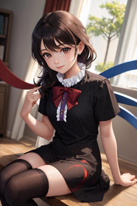 houjuu nue black dress red bowtie short sleeves black thighhighs asymmetrical wings