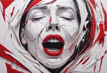 A striking minimalist and surreal artwork in monochrome red and white, reminiscent of Dadaism. The piece features a distorted, elongated face with a wide-open mouth, expressing both joy and sorrow. The background showcases a series of sharp, jagged lines and shapes, evoking a sense of fear and fright. The overall style is reminiscent of Cecily Brown's work, with a touch of Obtuse and Devilstuna influences.