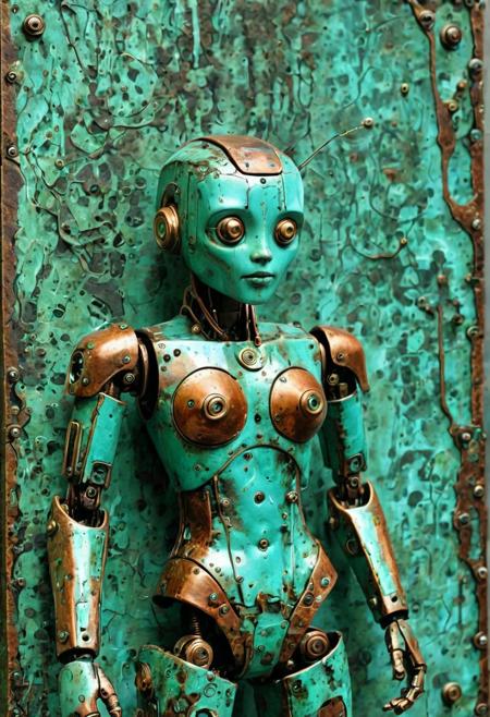 Adorable miniature robot, patina metal skin, PMS style, tiny weathered copper chassis, microscopic rust patterns, delicate verdigris blooms, tarnished brass components, oxidized silver joints, aged patina finish, intricate surface corrosion detail, vintage clockwork aesthetics, soft natural lighting, macro photography depth, steampunk workshop setting, 8k detail, award winning composition