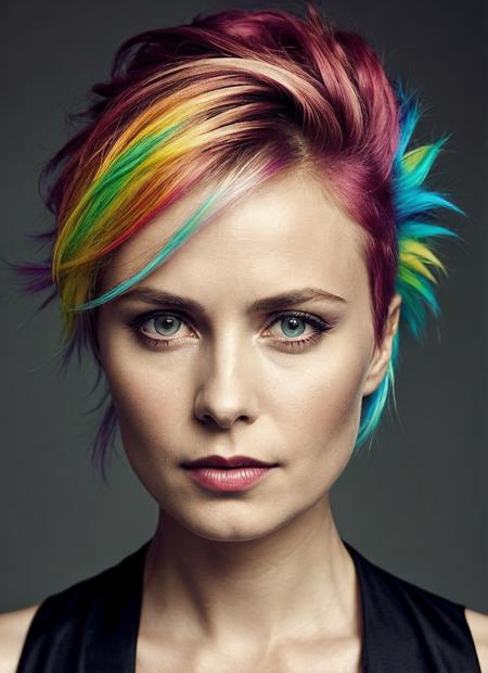 portrait of sks woman by Flora Borsi, style by Flora Borsi, bold, bright colours, rainbow Mohawk haircut, ((Flora Borsi)), <lora:lora_radha_v1_from_v1_160:1>